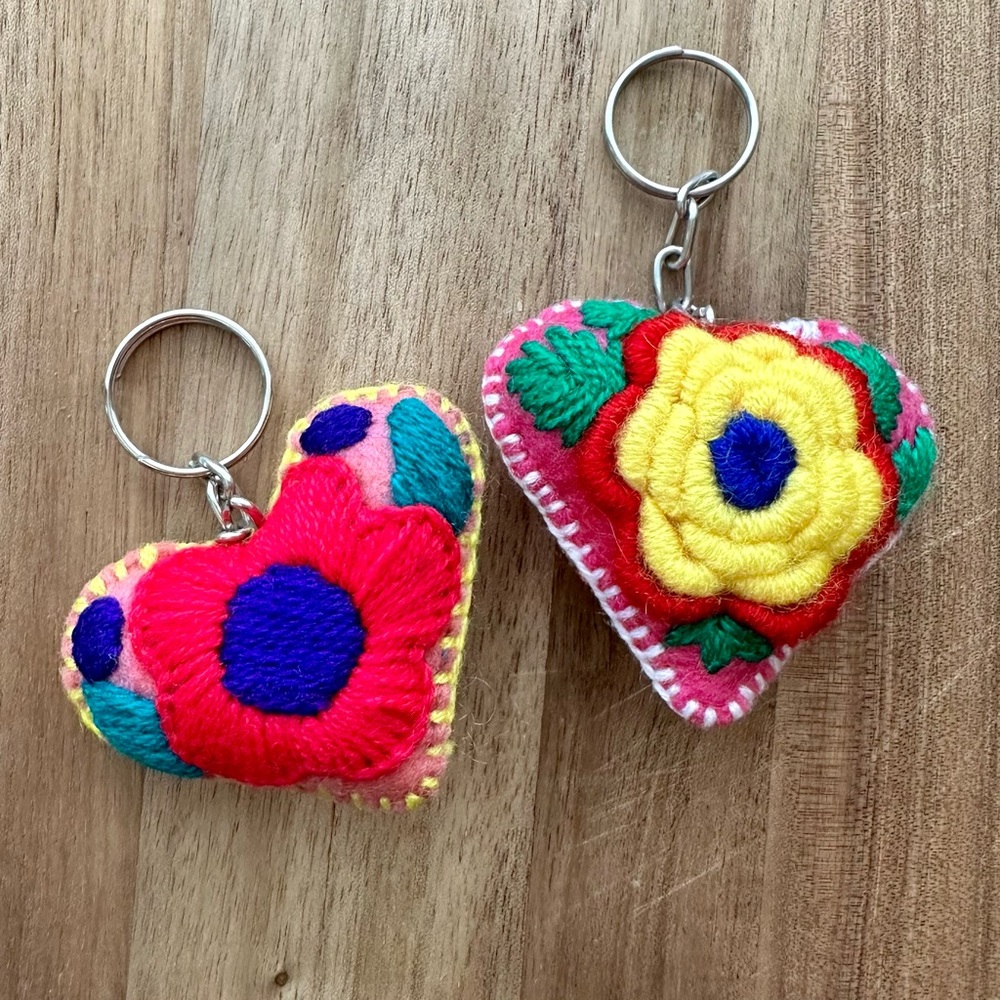 Two Hand Embroidered Hearts Mexican Ornament Heart Keychain Corazon Bordado